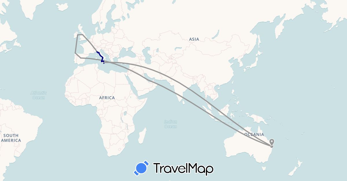 TravelMap itinerary: driving, plane in Australia, Spain, United Kingdom, Ireland, Italy, Qatar (Asia, Europe, Oceania)